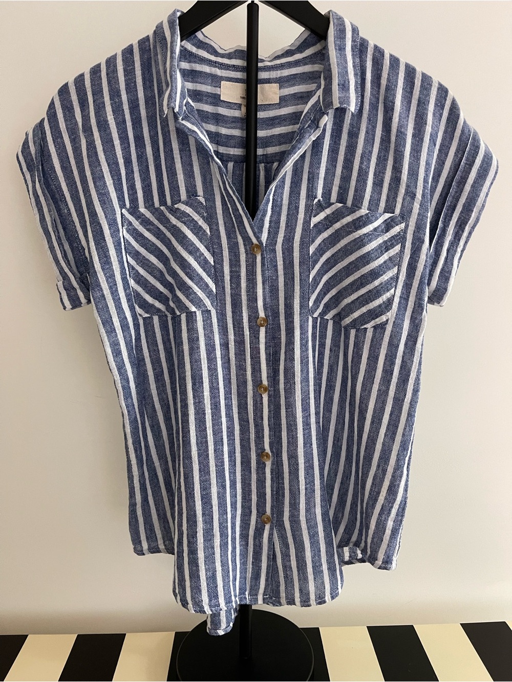 Blue and White Striped Cotton Button-Up Shirt